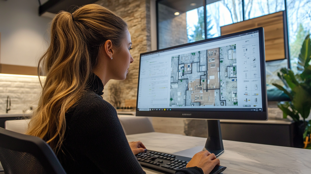 Sisustussuunnittelija työskentelee suunnitteluprojektin parissa tietokoneella